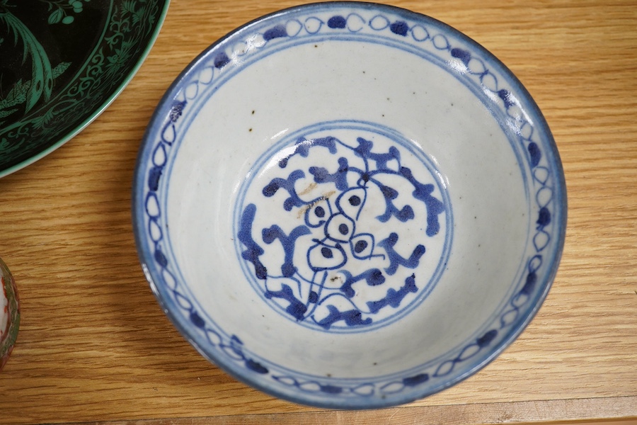 Chinese porcelain to include a famille noire dish and Imari bowl together with an 18th century English blue and white slop bowl, largest 27cm in diameter. Condition - varies